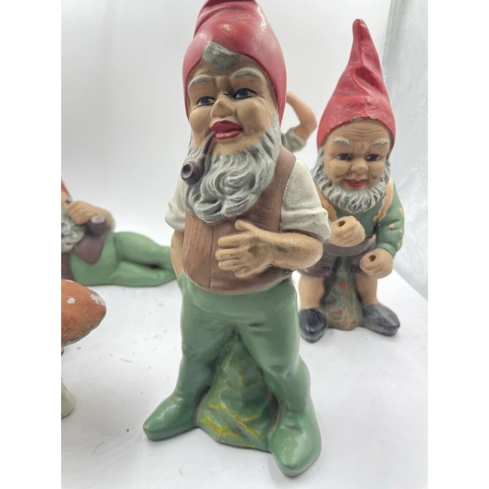 RARE Vintage Heissner West Germany Terracotta Garden Gnome Set of 4 + Mushroom